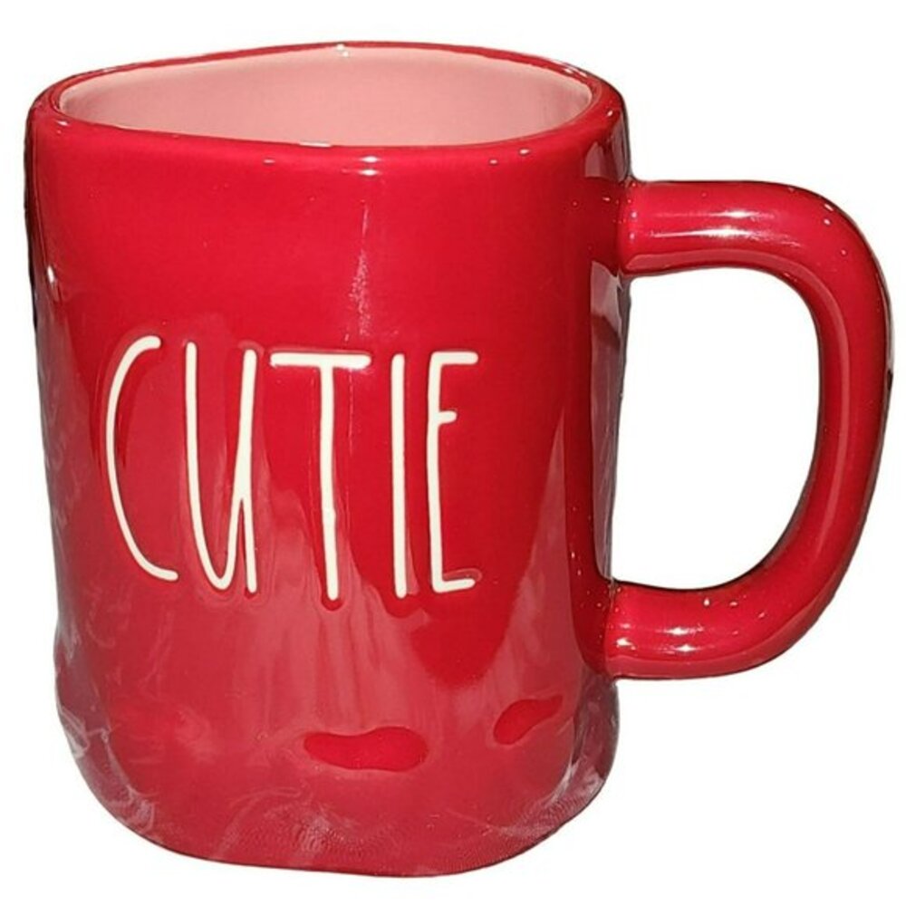 Rae Dunn CUTIE Red Ceramic Coffee Mug Embossed Hearts Around The Bottom 16oz